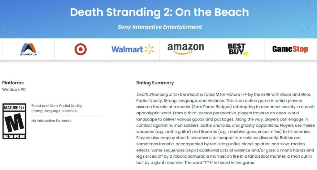 death stranding 2 on the beach esrb rating