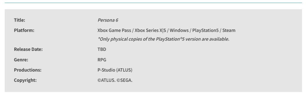 persona 6 sega japan physical